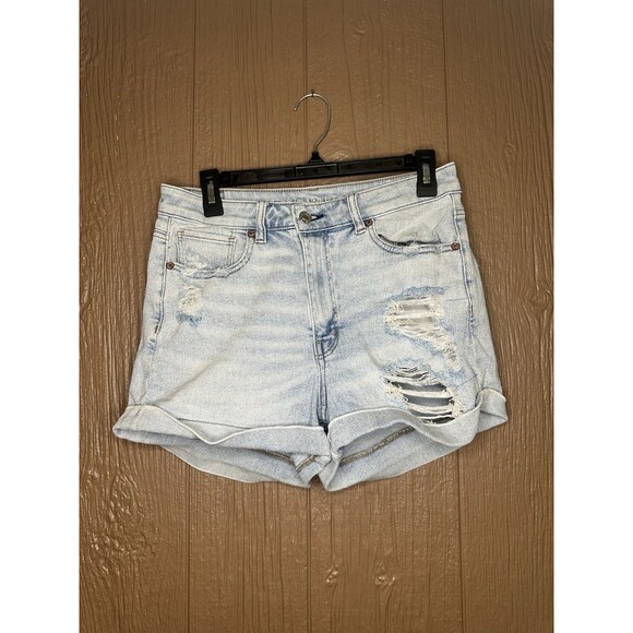 American Eagle Womens 6 Light Blue Stretch Mom Short Distressed Criss Cross - Picture 1 of 5